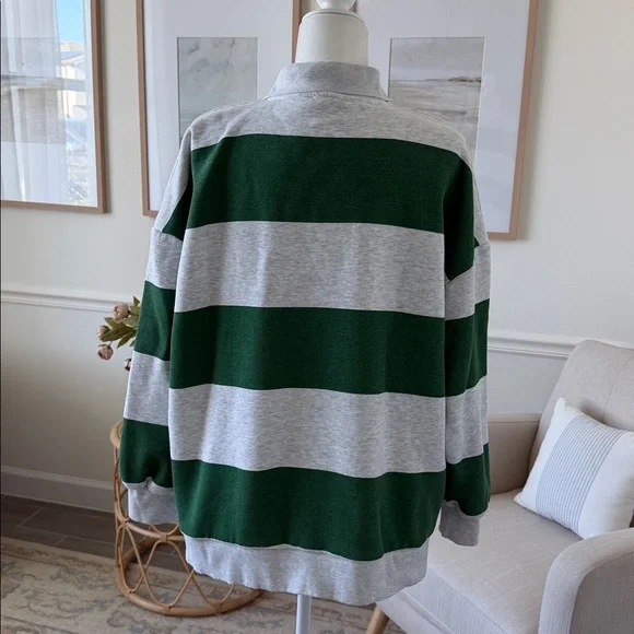 ZARA Tribeca Midtown NY Rugby Polo Sweatshirt Green Gray Striped Oversized - Picture 6 of 15